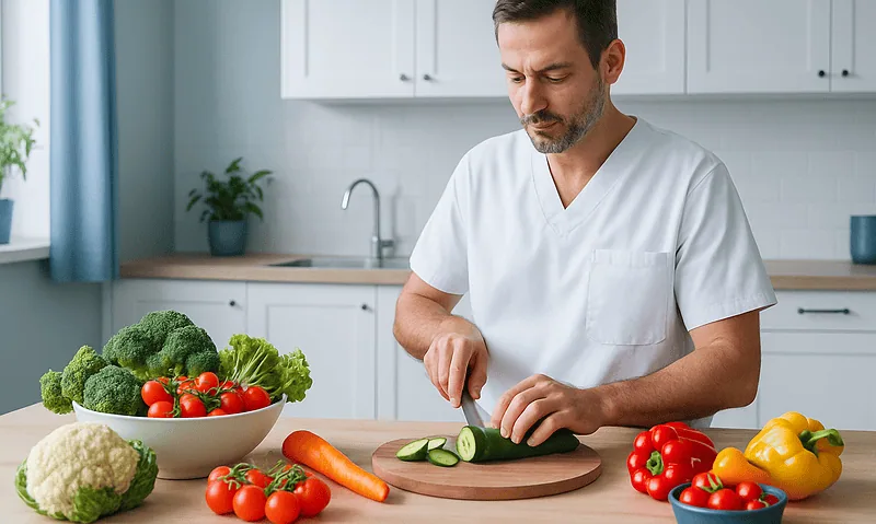 Man preparing fresh vegetables in a modern kitchen for healthy eating.