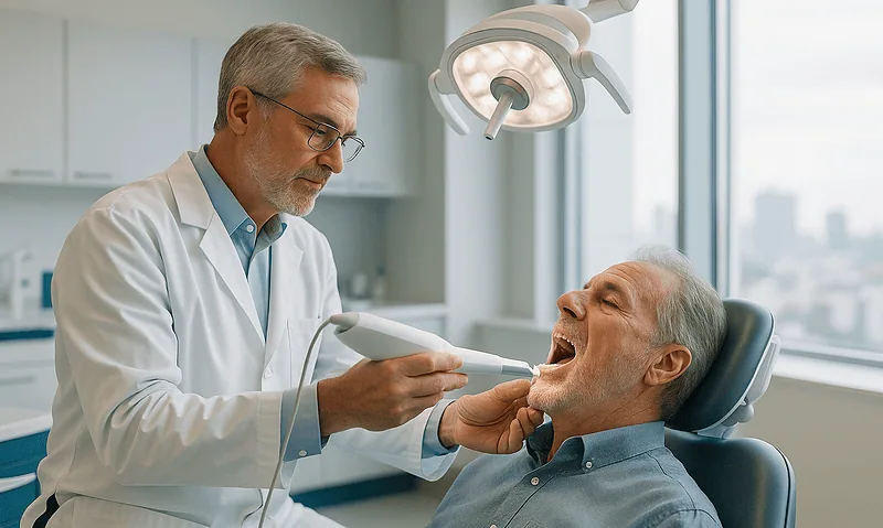 Dentist examining patient's oral cavity with a handheld device in a clinical setting.