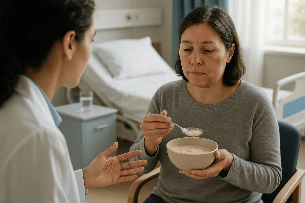 Patient eating soup during hospital recovery with caregiver: Oral surgery recovery timeline: what the first 72 hours usually