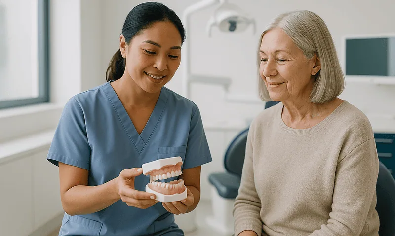 Dentist explaining oral health to an elderly patient with dental model.