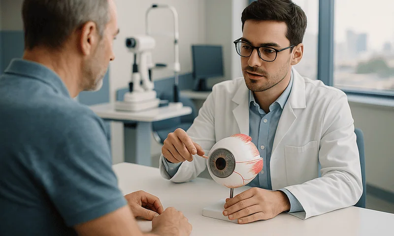 Ophthalmologist explaining eye anatomy to patient in clinic.