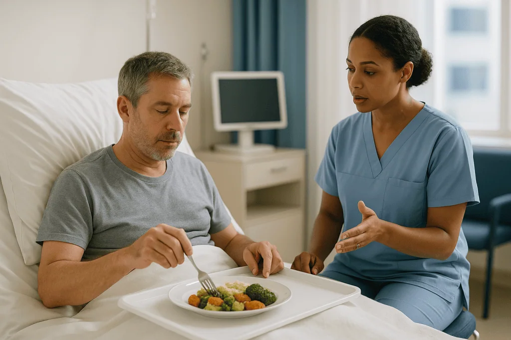 Healthcare worker discussing diet with male patient in hospital — Orchiectomy recovery timeline: the first 48 hours at home