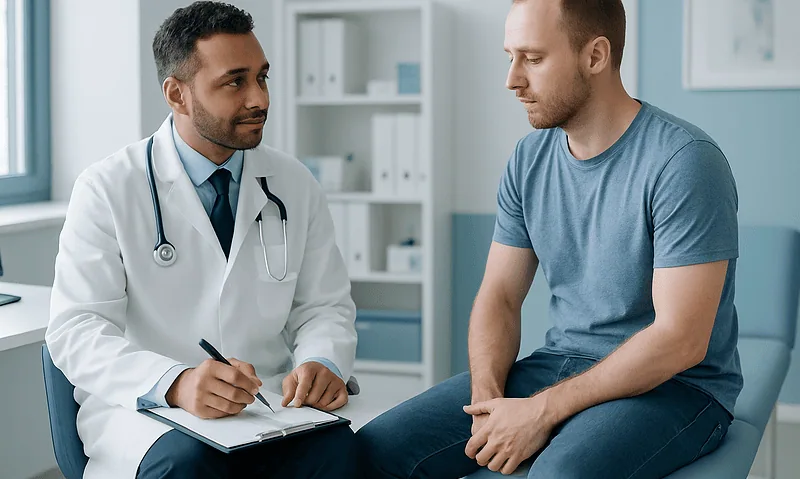 Doctor consulting with a male patient in a medical office.