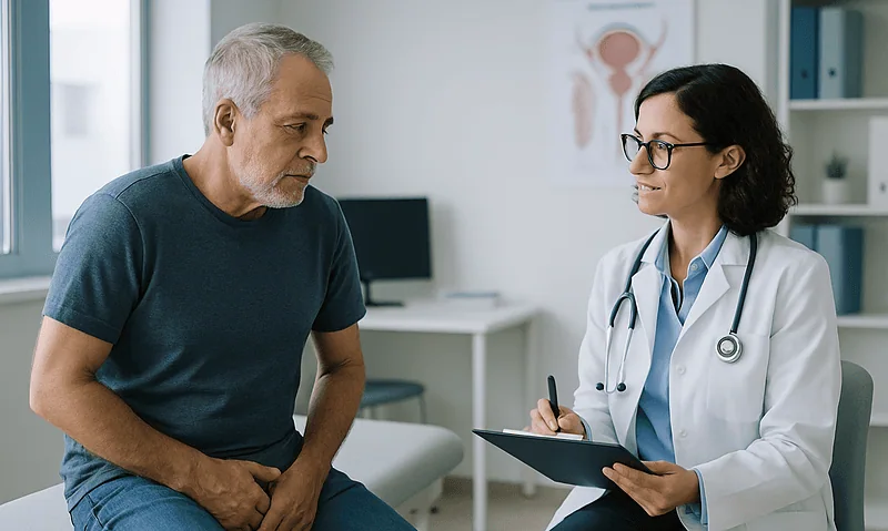 Doctor consulting with an older male patient in a medical office.