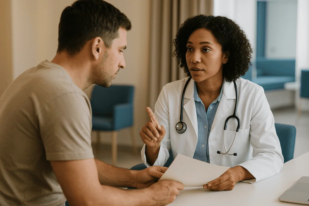 Doctor consulting male patient with clipboard: Orchitis myths: does every case really come from mumps?