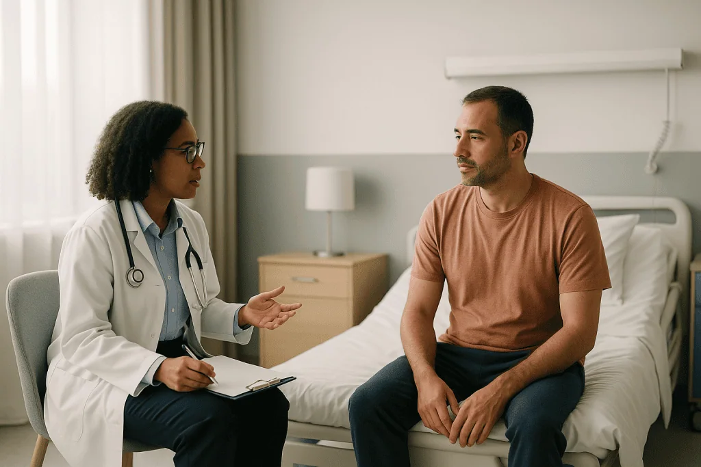 Doctor consulting with male patient in hospital room: Orchitis recovery time: the honest typical ranges