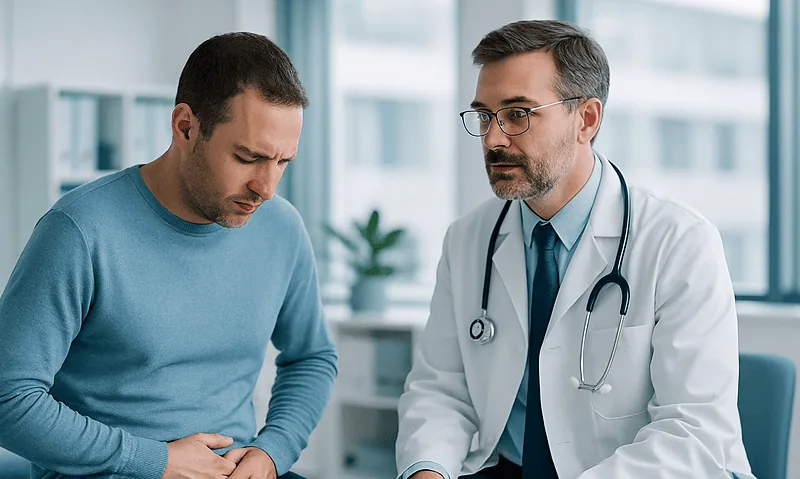 Urologist consulting with patient about testicular pain and swelling.