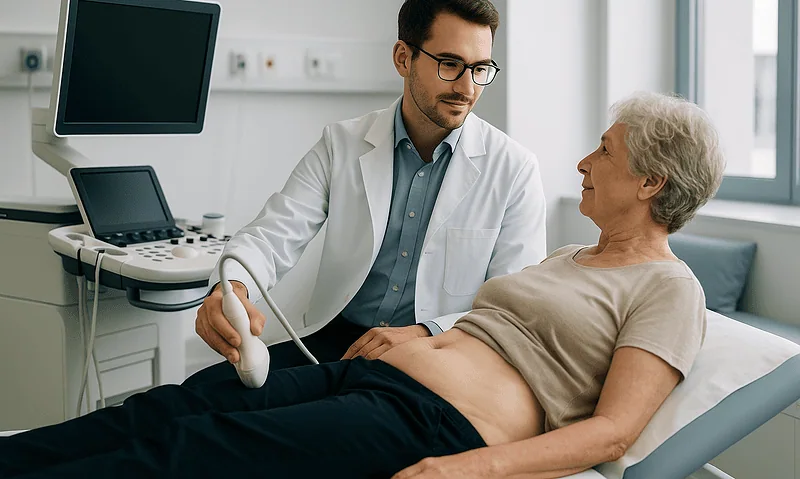 Urologist performing an ultrasound exam on an elderly male patient in a hospital room.