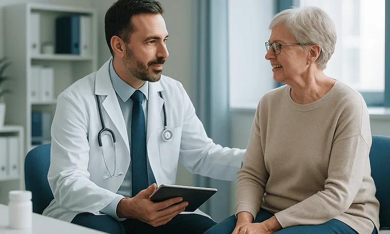 Doctor consulting with elderly patient in a medical office.