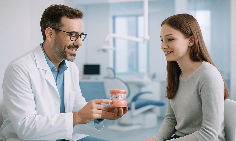 Dentist explaining dental model to young female patient in clinic.