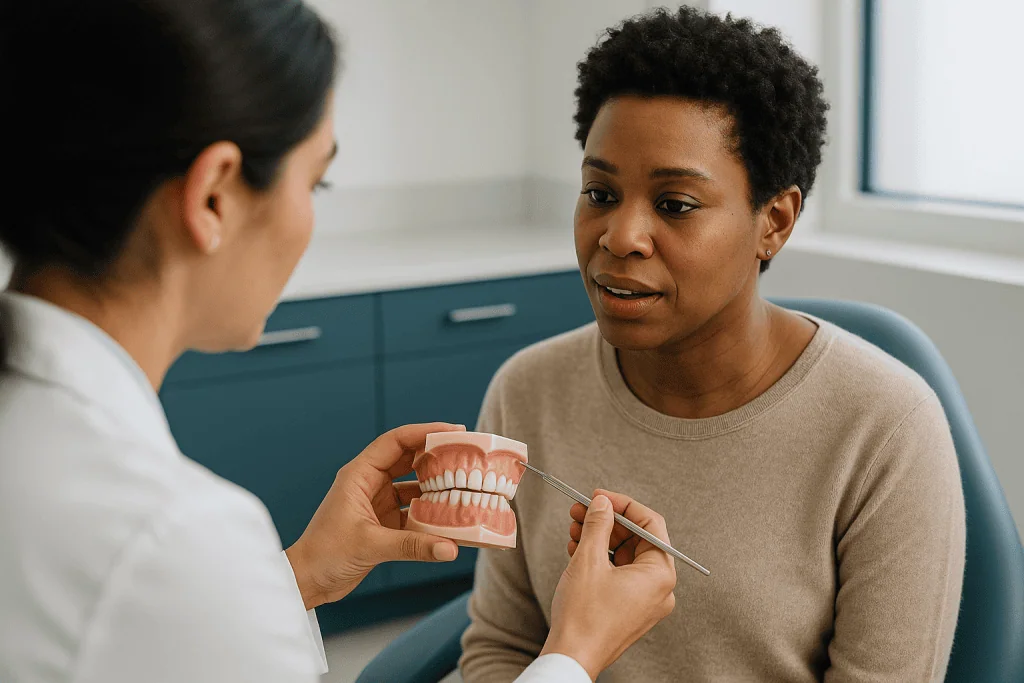 Dentist showing dental model to adult patient: Orthodontic consultation: what to expect, step by step