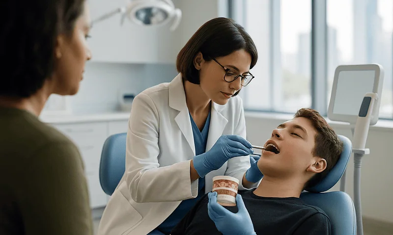 Pediatric dentist examining a young patient's teeth in a modern clinic.