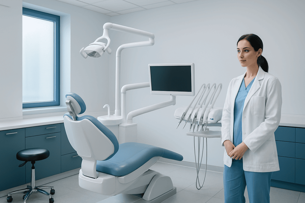Orthognathic Surgery 1 Modern dental clinic with dental chair and equipment for orthognathic surgery.