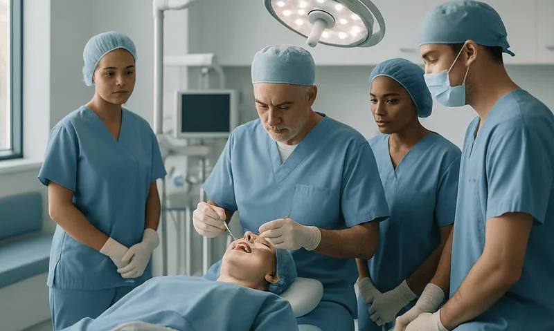 Surgeons performing orthognathic surgery in a modern hospital operating room.
