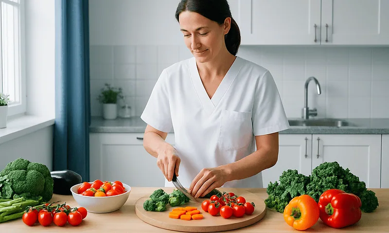 Orthognathic Surgery Recovery: Liquid Diet, Swelling and Milestones Over the First Weeks 4 Nurse preparing fresh vegetables in a modern kitchen for a healthy diet.