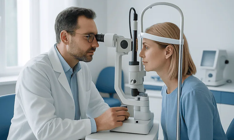 Ophthalmologist examining a patient's eye with a slit lamp in a clinic.