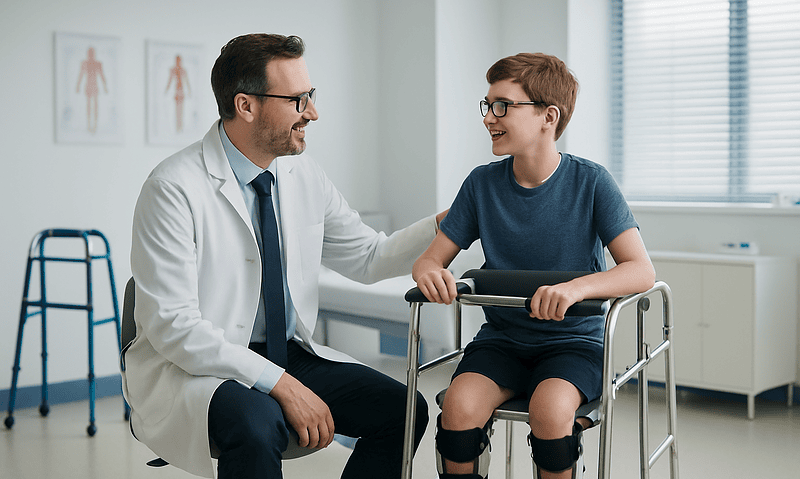 Doctor consulting with a young boy in a wheelchair in a medical clinic.