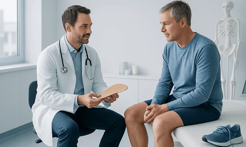 Doctor consulting with patient about orthotics and support options.