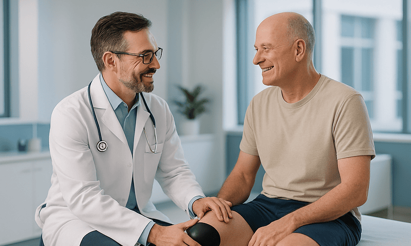 Doctor examining patient's knee in a medical consultation room.