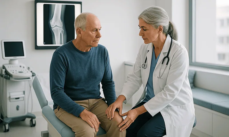Doctor examining elderly patient's knee in a hospital setting.