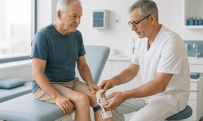Orthopedic doctor examining elderly patient's knee with a device in a clinic.