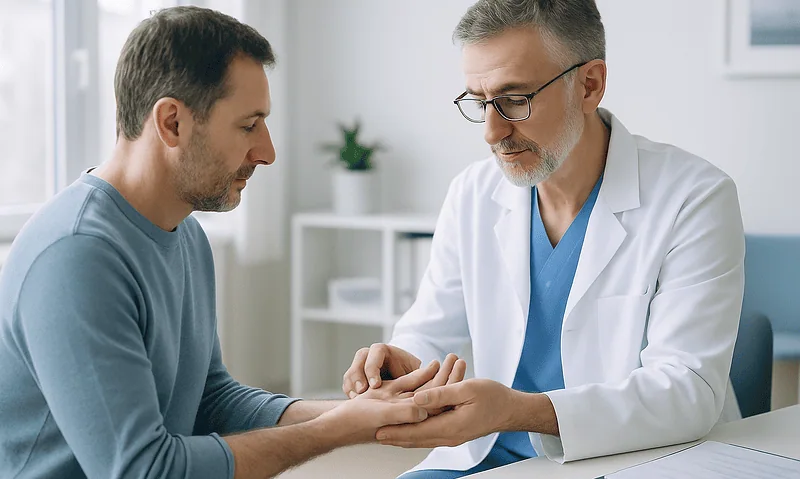 Doctor examining patient's hand for osteoarthritis symptoms.
