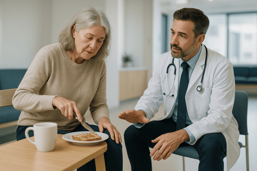 Doctor consulting senior woman about nutrition or diet: Osteoarthritis vs rheumatoid arthritis: two roads to the same damage