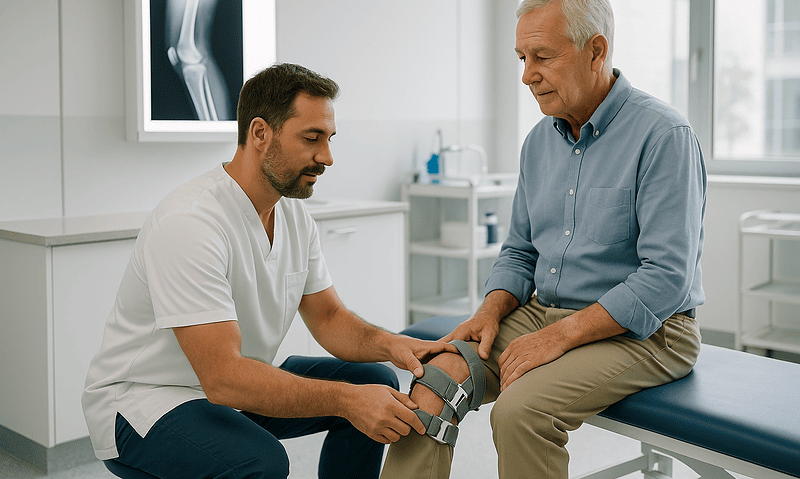 Orthopedic doctor examining elderly patient's knee with brace in clinic.