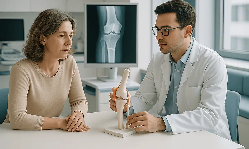 Orthopedic doctor explaining bone health to a patient with X-ray in background.