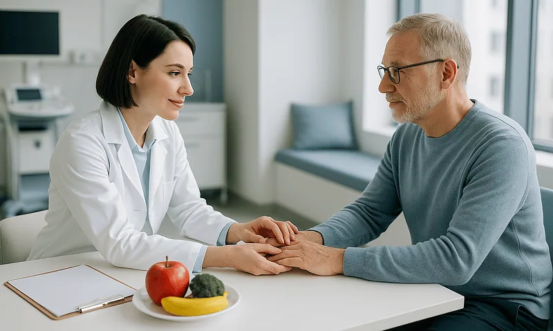 Doctor consulting with an elderly male patient in a medical office.