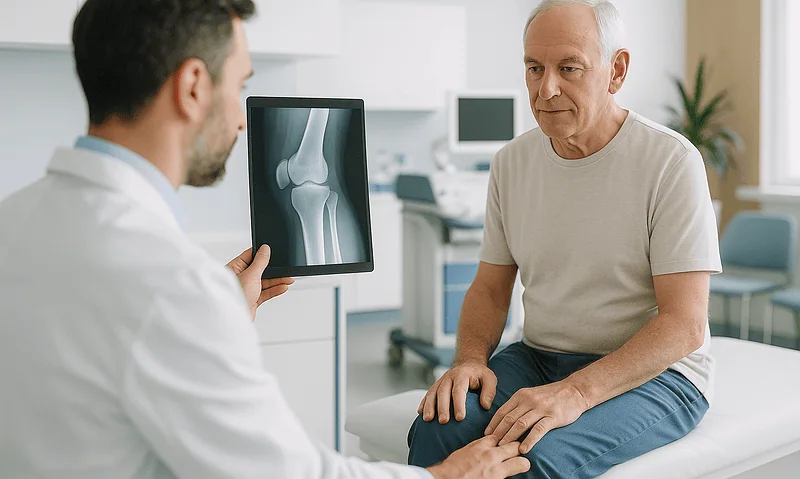 Doctor explaining knee X-ray to an elderly patient in a hospital setting.
