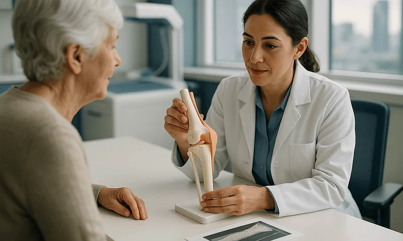 Doctor explaining osteoporosis to elderly patient with bone model.