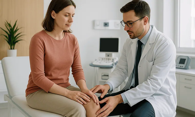 Doctor examining patient's knee in a medical consultation room.