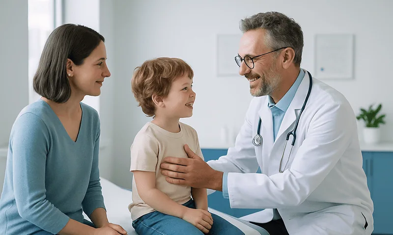 Pediatric doctor examining a young boy with his mother in a clinic.