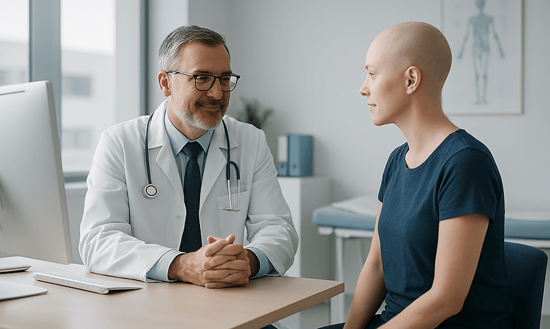 Doctor consulting with young patient in a medical office.