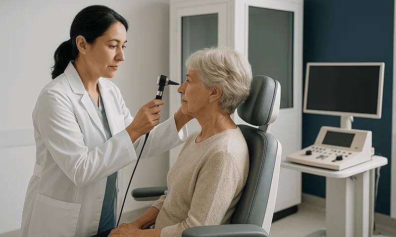 ENT doctor examining elderly woman's ear in a clinical setting.