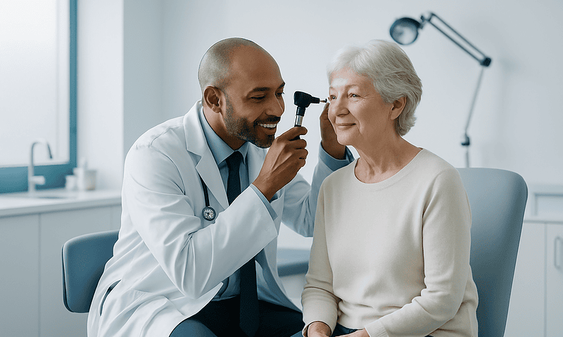 ENT doctor examining elderly woman's ear with otoscope in clinic.