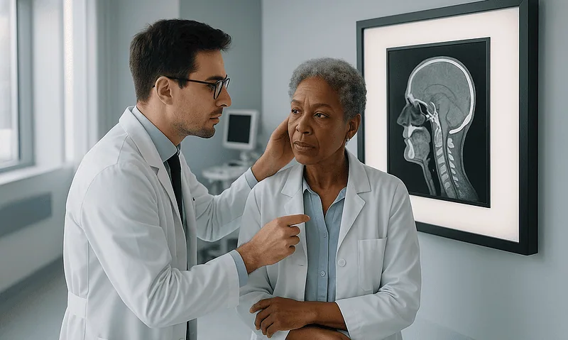 Doctor discussing with a patient in a medical office with brain scan image in background.