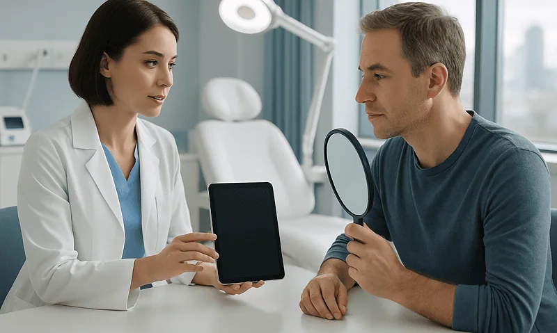 Doctor discussing otoplasty options with patient in consultation room.