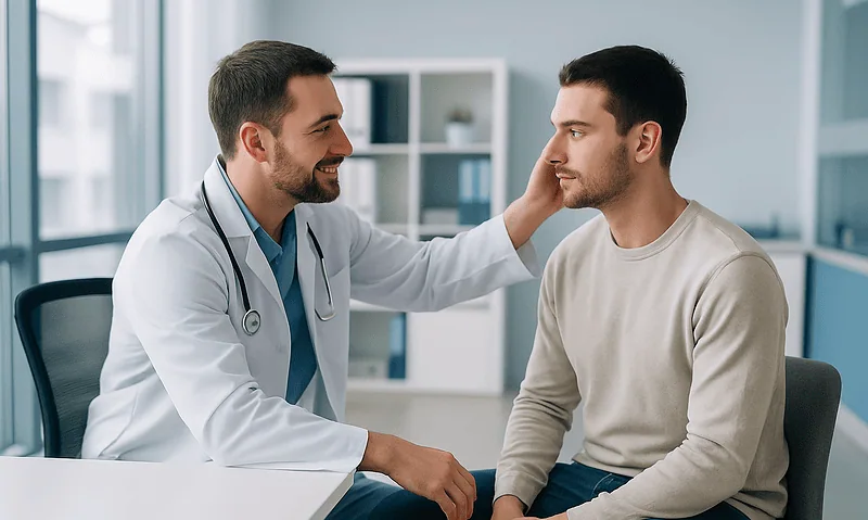 Doctor consulting with a patient in a modern medical office.