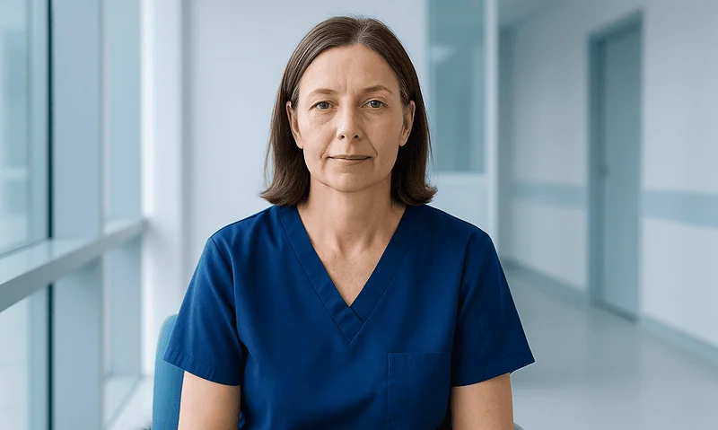 Medical professional in blue scrubs in a modern hospital corridor.