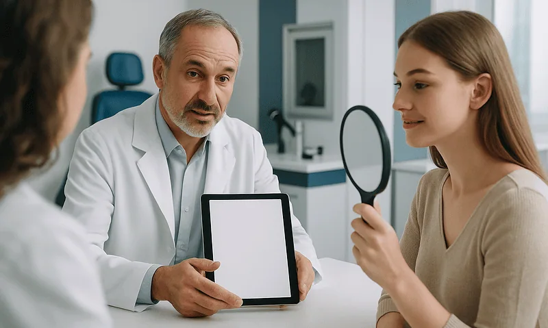 Doctor explaining ear surgery options to young woman in consultation room.