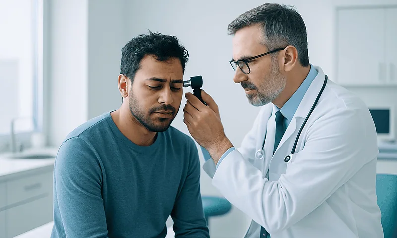 ENT doctor examining patient's ear with otoscope in clinic.