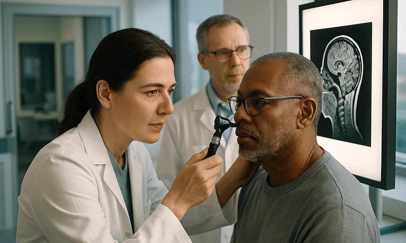 Doctor examining patient's ear with otoscope in hospital setting.