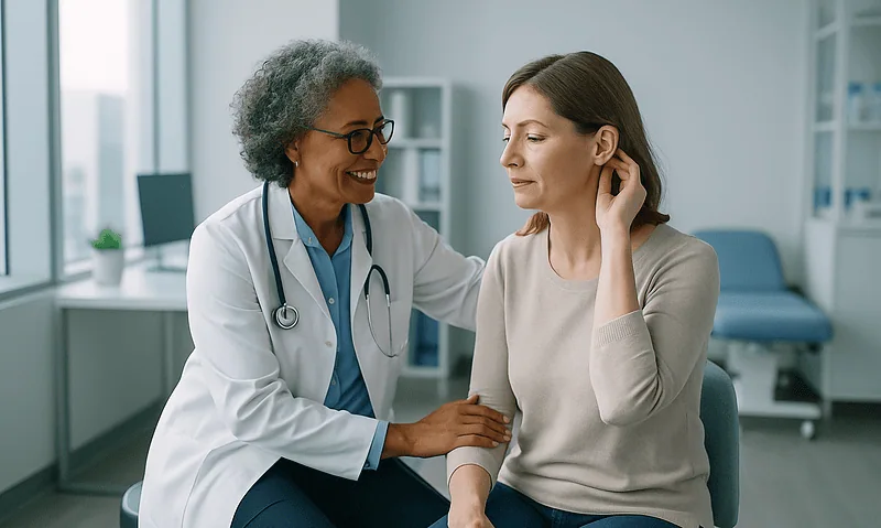 Otosclerosis and Stapedectomy Surgery: How Does a Fixed Stapes Bone Cause Hearing Loss? 6 Doctor consulting with a patient in a modern medical office.