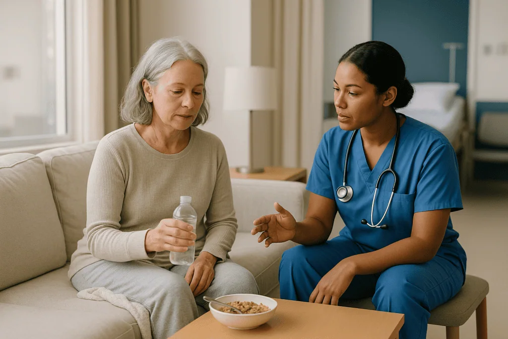 Healthcare provider consulting with elderly patient at home: Ovarian cancer surgery recovery at home: the first two weeks