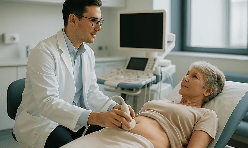 Doctor examining a patient in a hospital room for ovarian cancer treatment.