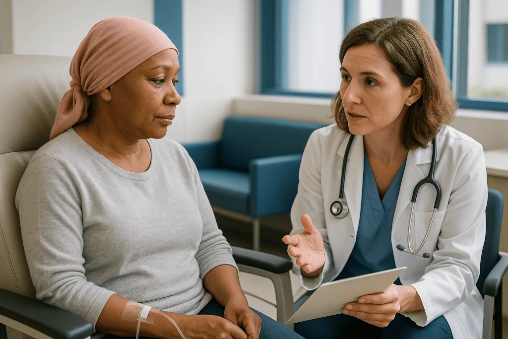 Doctor consulting with patient, reviewing tablet device: Ovarian cancer treatment by stage: what stage 2 and stage 3 ovarian