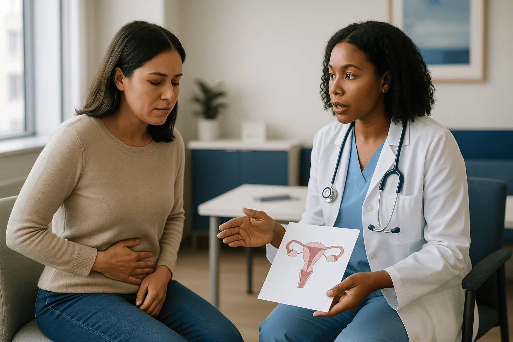 Female doctor consulting patient about reproductive health diagram: Ovarian cyst rupture vs torsion: how do the two compare?