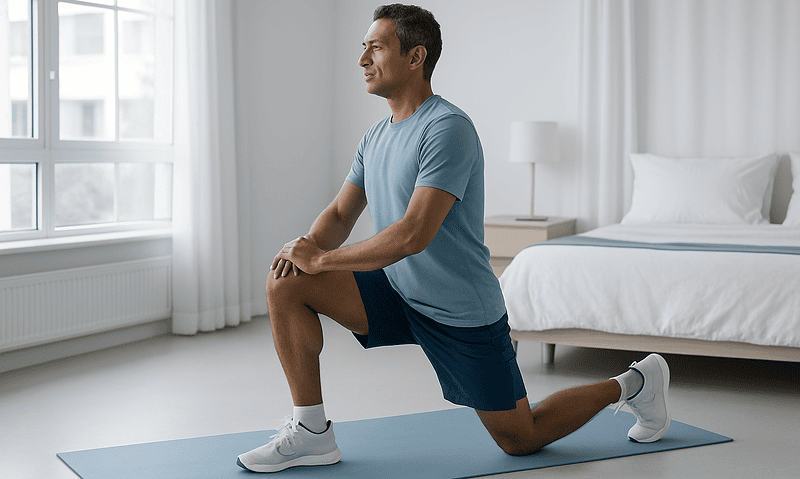 Man performing lunges in a bright, modern bedroom for post-surgery recovery.